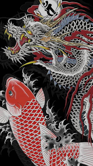 一條紅錦鯉和白龍，在風格化的日本插圖中，背景為黑色水。