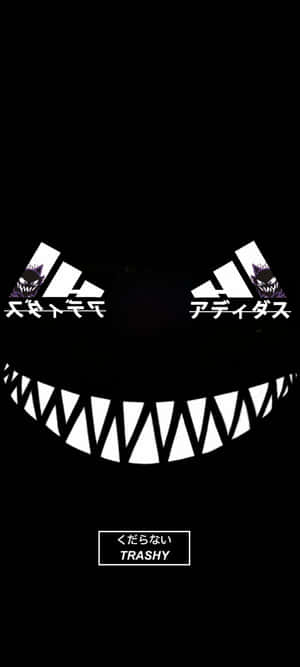 一個由Adidas標誌組成的可怕面孔，帶有鋒利的牙齒和日文字。