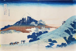 旅人與馬匹沿著小徑走向富士山，天空呈現漸變色。