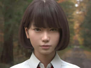 穿著校服的年輕女孩站在秋日森林中