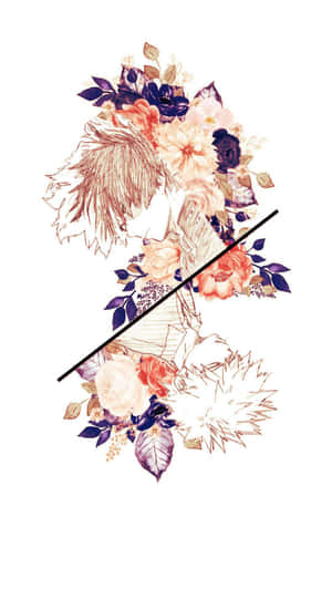 對稱的花卉插圖，帶有桃色和紫色的花朵和葉子。