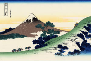 旅客和馬匹沿著小徑走向富士山，天空呈現漸變色。