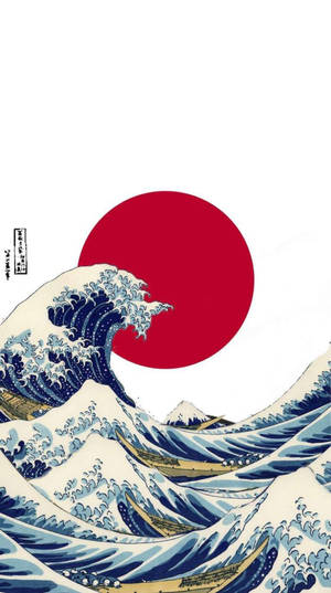 一幅日本木版畫中，紅色太陽下帶有船隻的巨大藍色波浪。