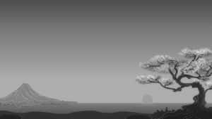 柔和的天空下，山脈和開花的樹木構成的寧靜灰階場景。