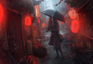 一個人在被紅色燈籠照亮的雨中巷弄裡行走。