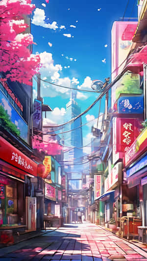 狹窄街道，有櫻花和霓虹燈牌，在明亮的藍天下 — 卡通 壁紙