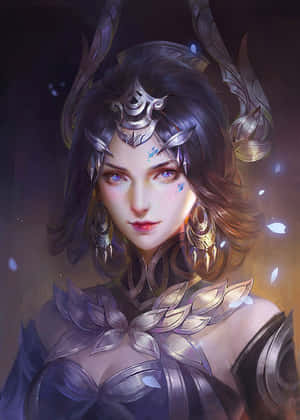 身著華麗銀色盔甲的奇幻女性，發光的花瓣在她周圍飄浮。