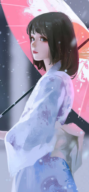 動漫女孩身穿藍色和服，在飄雪中手持粉色雨傘。