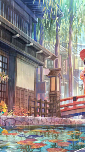 一位穿著和服的女孩在雨中，於日本睡蓮池塘上的紅橋旁撐傘。 — 動畫 壁紙