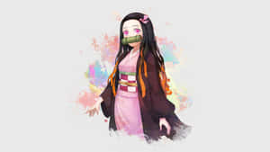 穿著粉紅色和服的動漫女孩，帶有竹製口塞和彩色水彩潑濺背景。 — 鬼滅之刃 壁紙