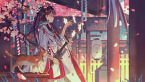 穿著和服的動漫女孩，在夜晚的神社櫻花下，手持武士刀，身旁有貓。 — 可愛動漫女仔 壁紙