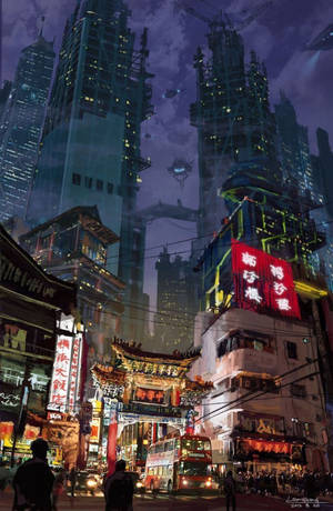 未來城市街道夜景，有霓虹燈和飛行車輛。 — 日本 壁紙