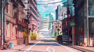 動漫風格日本城市街道，有火車平交道和色彩繽紛的建築物，日落時分。 — 動畫 壁紙