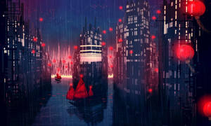 夜晚的未來城市，紅色燈籠和船隻在雨中的運河上。 — 日本 壁紙