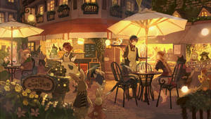 擬人化動物在迷人的夜間咖啡館用餐，有發光的雨傘和溫暖的燈光。 — 漫畫分鏡gif 壁紙