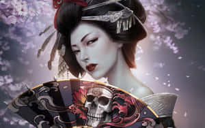藝妓在櫻花下手持帶有骷髏圖案的華麗扇子。