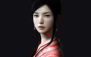 動漫女性穿著紅色傳統服裝，黑髮戴耳環，深色背景。