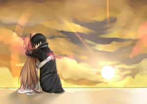 兩個動漫角色在金色夕陽中擁抱，背景有發光的雲朵。 — 情侶 GIF 壁紙