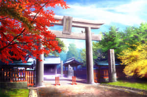 一座傳統的日本神社大門，在晴朗的天空下被秋葉環繞。