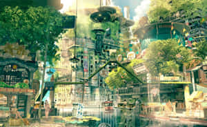 動漫城市，漂浮的建築和綠樹在明亮的陽光下。 — 動畫 壁紙