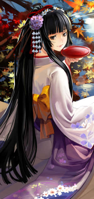 穿和服的動漫女孩在秋葉下拿著紅色杯子 — iPhone Xr 壁紙