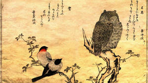 日本水墨畫，貓頭鷹和兩隻小鳥在樹枝上，附書法