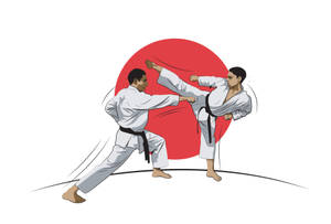 兩名身穿白色道服、腰繫黑帶的空手道選手在紅太陽前練習武術。