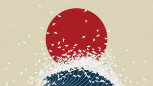 紅太陽在白色紙鶴波浪上升起，背景是米色。 — 日式波浪 壁紙