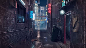 霓虹招牌在潮濕的小巷中夜間發光，有一輛停放的單車和磚牆。 — 寒冷 壁紙