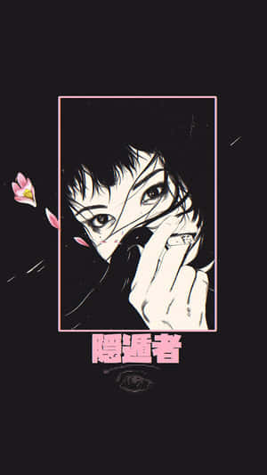 短髮戴戒指的動漫女孩透過粉紅色框窺視，花瓣飄落。