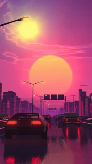 未來汽車在日落時分穿過雨中的城市，伴隨著發光的霓虹燈和一個巨大的橙色太陽。