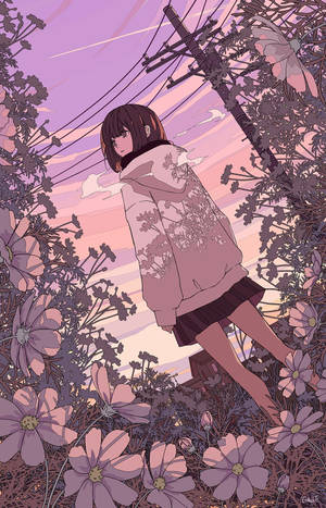 動漫女孩穿著花卉連帽衫，在暮色中站在紫色大波斯菊田裡。