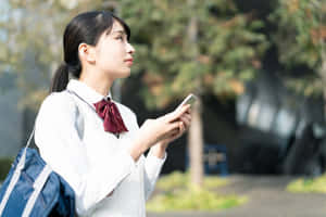 一名穿著校服的年輕學生在戶外拿著手機。