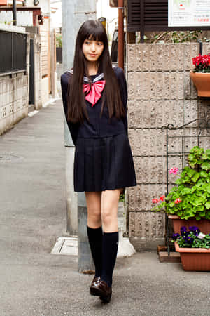 穿著日本校服的少女，站在狹窄小巷中，旁邊有盆栽植物。