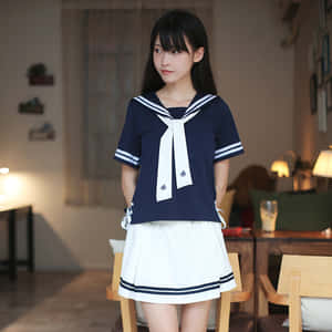 身穿水手服的年輕女性站在室內，靠近木椅和燈具。