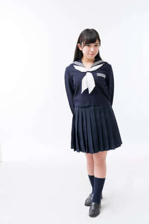 年輕女學生身穿海軍藍水手服在攝影棚擺姿勢