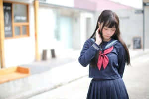 年輕女孩穿著水手服站在街上，手靠近耳朵。