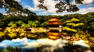 金色寺廟亭閣倒映在平靜的池塘中，周圍環繞著綠樹。