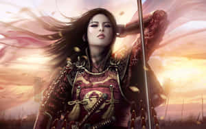 一位身穿紅色盔甲的女武士在夕陽下持劍。