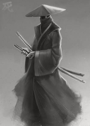 神秘的武士戰士穿著傳統服飾，在灰階中手持兩把劍。