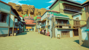 動漫村莊街道，背景有巨型石臉，天空晴朗。 — 火影忍者 壁紙