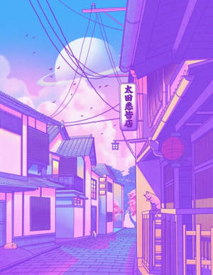 紫色和粉色的動漫街景，有巨大的月亮和飛鳥。