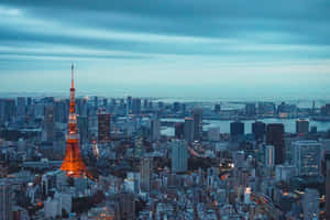 黃昏時分點亮的東京塔，下方城市燈光閃爍。