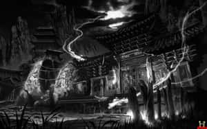 夜晚閃電環繞山脈的動漫神社