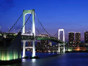 Rainbow Bridge 在黃昏時亮起，城市燈光倒映在水面上。 — 暮光 壁紙