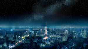 夜晚東京城市景觀，燈火通明的建築和星空，上方有銀河。 — 東京 壁紙