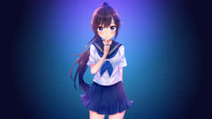 動漫女孩穿著水手服在漸變藍色背景前將手指放在嘴唇上