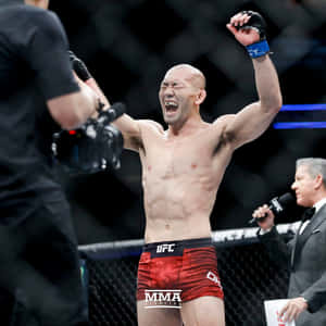 MMA拳手在八角籠內高舉雙臂慶祝勝利。