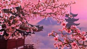 粉紅櫻花框住寺廟，背景有富士山。