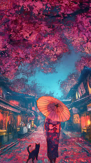 撐紅傘的人和黑貓在黃昏的日本街道上走在粉紅櫻花下。